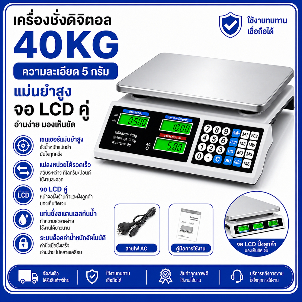 💥2026 จัดส่งภายใน1วัน💥ตาชั่งดิจิตอล ความละเอียดสูง 40kg รับประกันยาวนาน