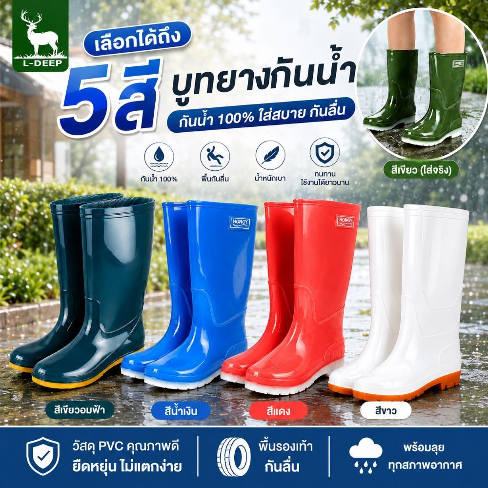 L-DEEP รองเท้าบูทกันน้ำ กันลื่น น้ำหนักเบา รุ่นยอดนิยม 5 สี ใส่สบาย สำหรับผู้ชายผู้หญิง ลุยฝน ทำสวน งานกลางแจ้ง
