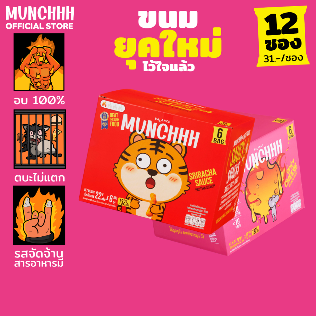 (ไว้ใจแล้ว · 12 ซอง) MUNCHHH ขนมยุคใหม่ พัฟอบกรอบ · โปรตีน 5g + ไฟเบอร์ 1–3g · อบแทนทอด · รสเข้มข้น · ศรีราชา / หม่าล่า