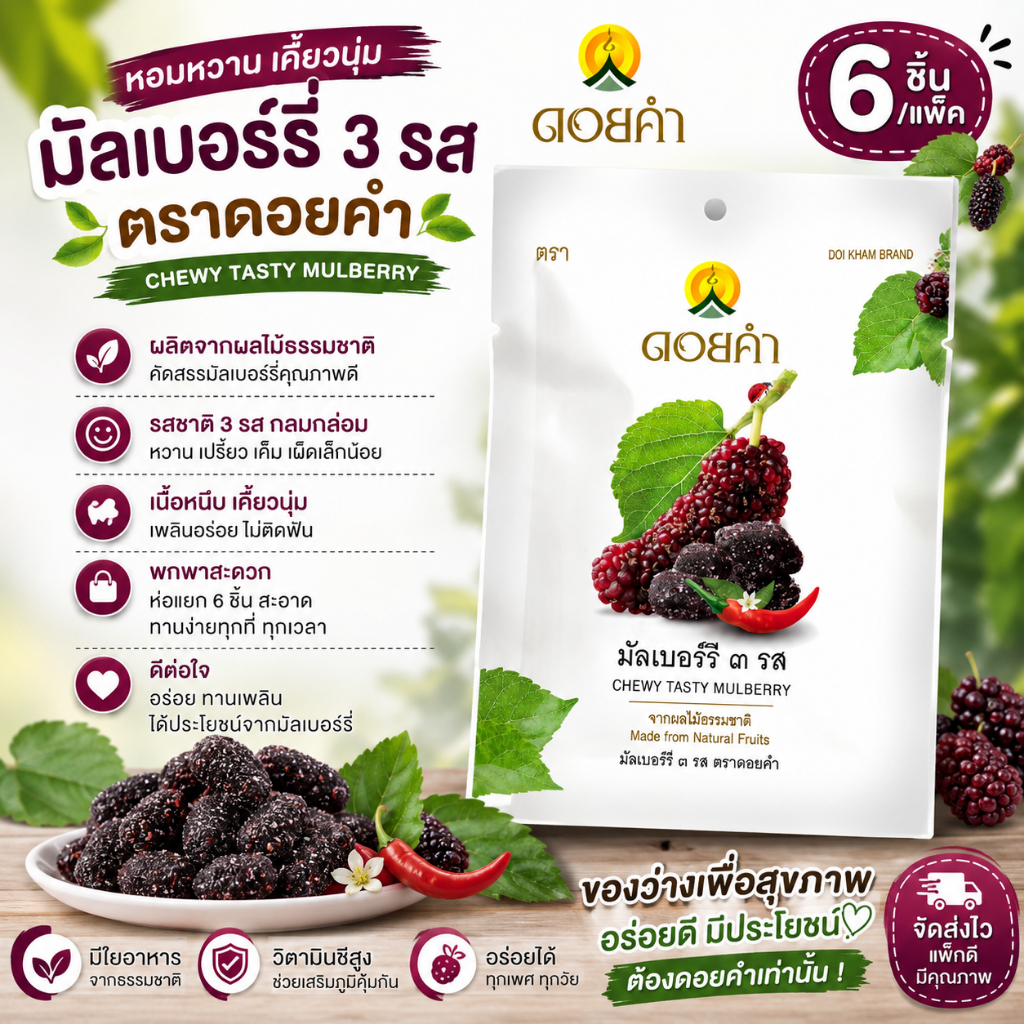 มัลเบอร์รี 3 รส ดอยคำ (ขนาด 25 กรัม/แพ็ค 6 ชิ้น)