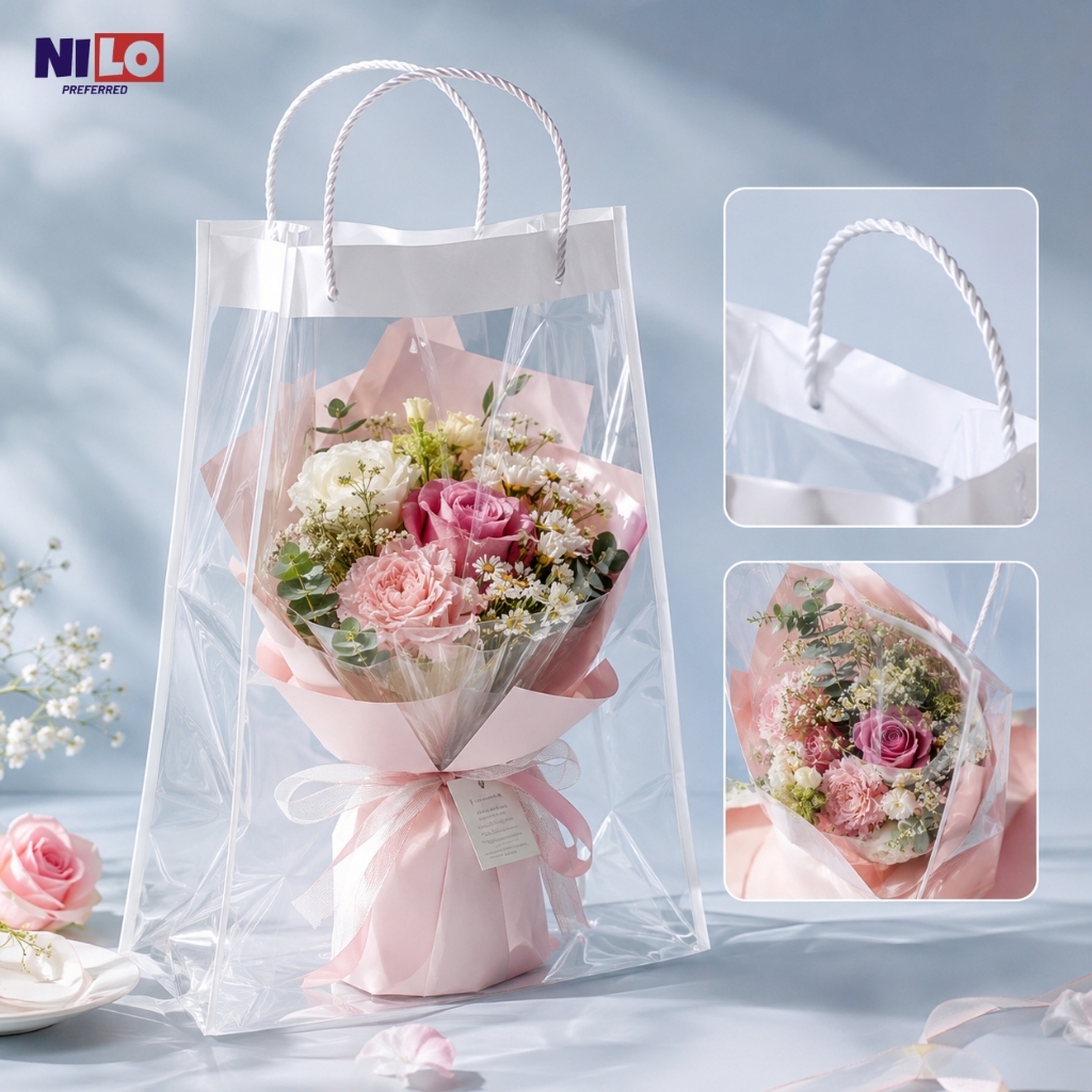 ถุงหิ้วดอกไม้ PVC ใส 10 ใบ ขนาด 35x50 ซม. ถุงใสก้นตั้ง สำหรับร้านดอกไม้