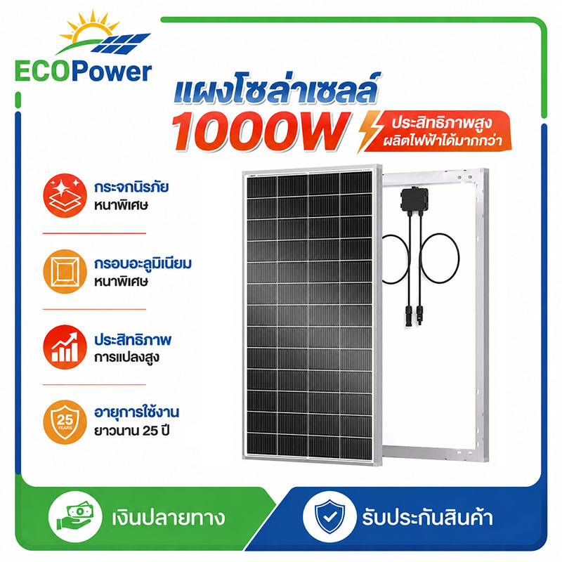 แผงโซล่าเซลล์ 12v ชุดแผงโซลาร์เซลล์ 1000W พร้อมคอนโทรลเลอร์ 30A โซล่าชาร์จเจอร์ กระจกนิรภัย ปี สำหรับบ้านรถแคมป์