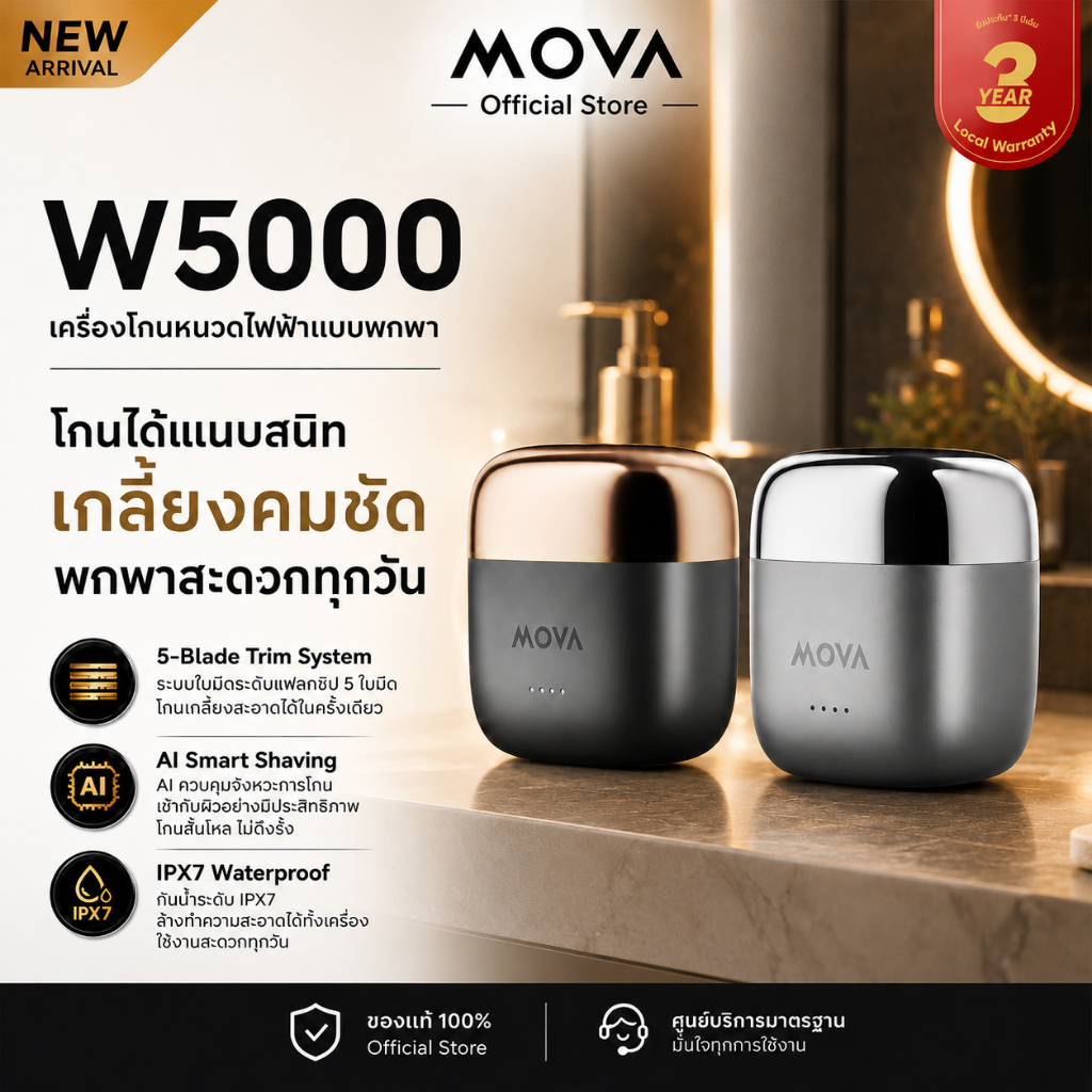 MOVA W5000 เครื่องโกนหนวดไฟฟ้า 5 ใบมีด 12000RPM ระบบ AI ควบคุมอัจฉริยะ ไม่ดึงขนหนวด กันน้ำ IPX7 แบตใช้งาน 60 นาที