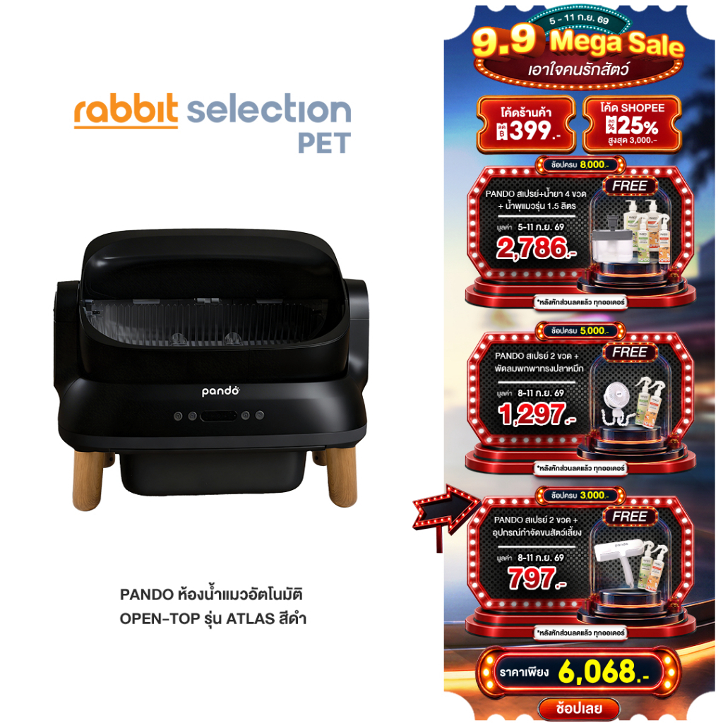 (9.9 โค้ดลดพิเศษ500+ฟรีของแถม) PANDO Atlas Cat Litter Box Open-top ห้องน้ำแมวอัตโนมัติ รุ่น Atlas สีดำ