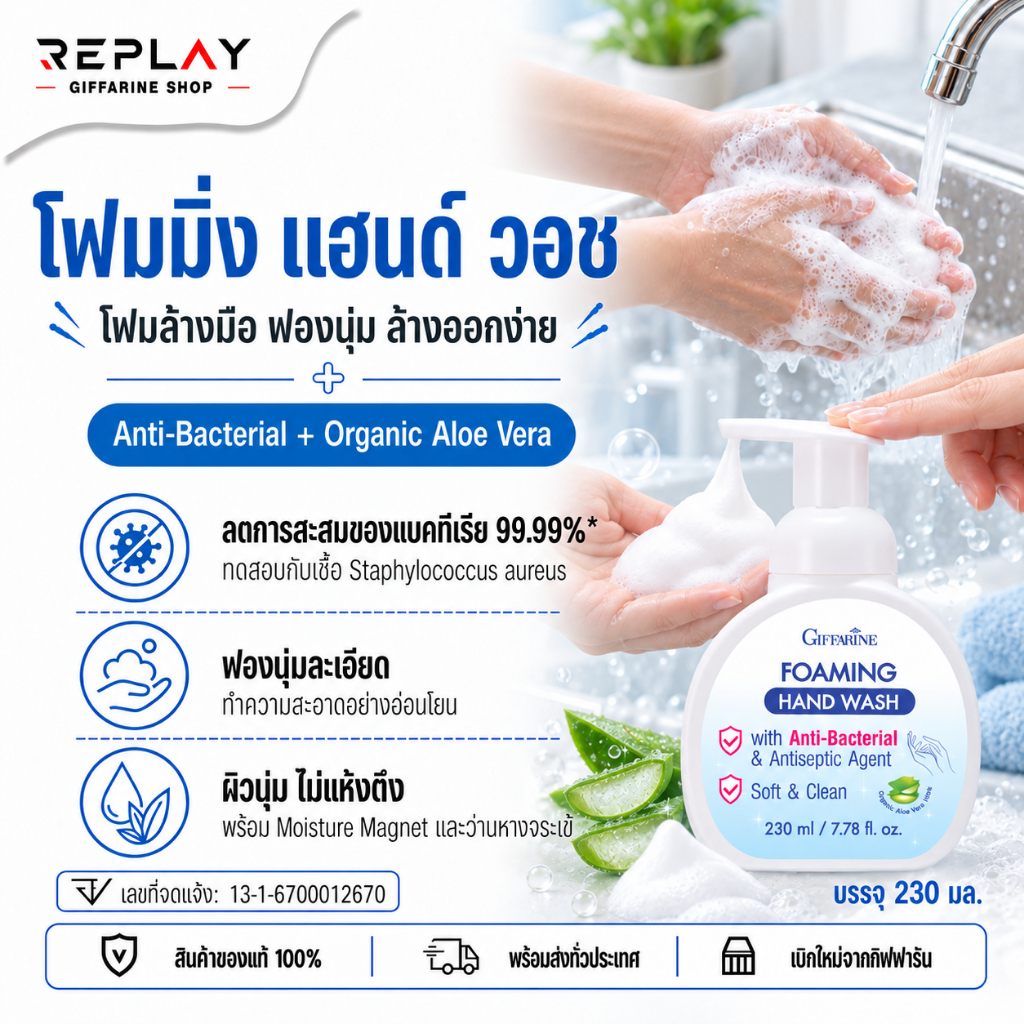 กิฟฟารีน โฟมล้างมือ Foaming Hand Wash ลดการสะสมแบคทีเรีย 99.99% อโลเวร่า มือชุ่มชื้น 230 มล.