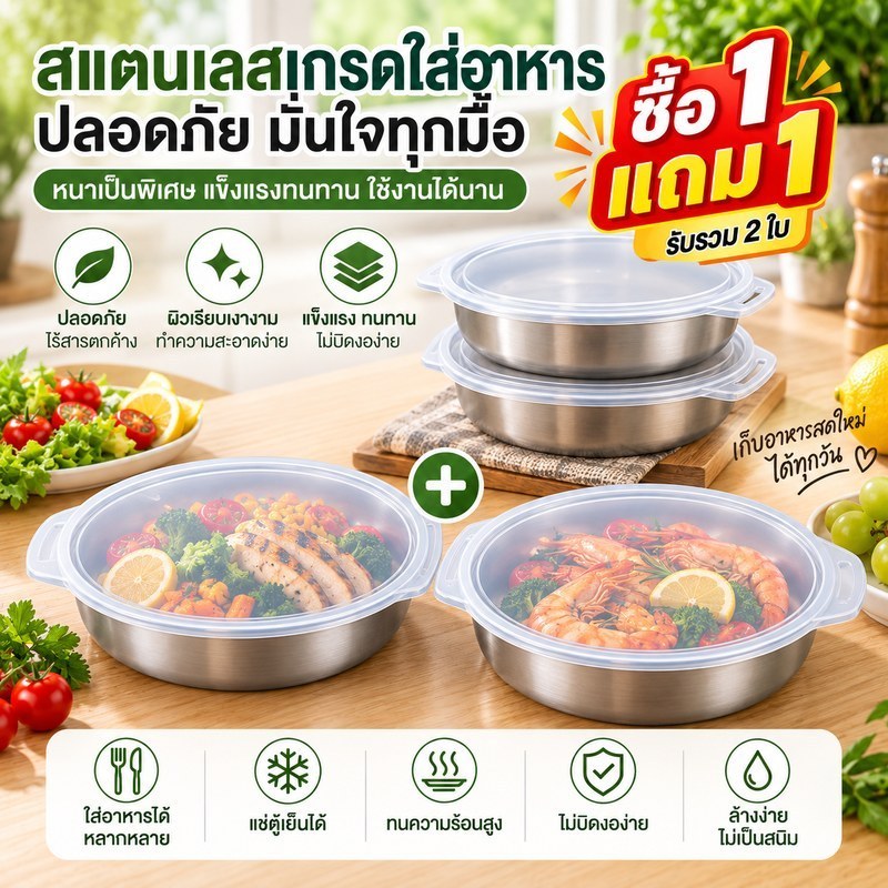 1 แถม 1 ถาดกลมสแตนเลสพร้อมฝาปิด มีหูจับ 2 ข้าง สำหรับใส่อาหาร โปร1แถม1ป้องกันฝุ่นและสิ่งสกปรก สะดวกในการยกและเคลื่อนย้าย