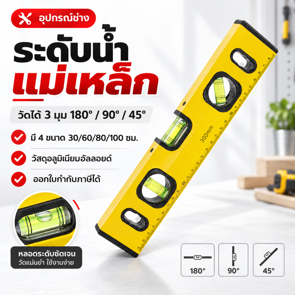 ระดับน้ำแม่เหล็ก 3 มุม 180° 90° 45° ไม้วัดระดับอลูมิเนียม มีสเกลวัด 30/60/80/100 ซม. สำหรับงานช่าง งานติดตั้ง
