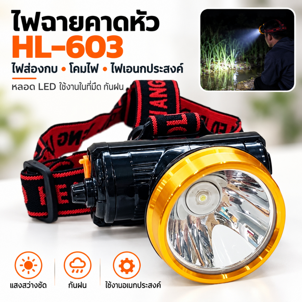 ไฟฉายคาดหัว ไฟส่องกบ โคมไฟ ไฟเอนกประสงค์ใช้งานในที่มืด หลอด LED กันฝน ครบวงจร HL-603