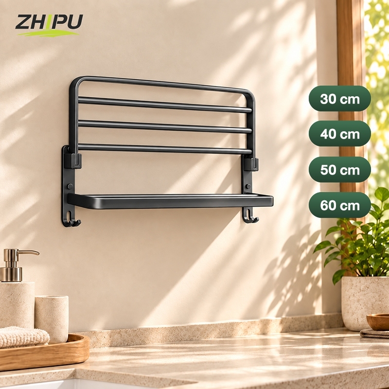 ZHIPU ชั้นวางผ้าขนหนูพับได้ ราวแขวนผ้าในห้องน้ำ ชั้นวางของในห้องน้ำ ที่แขวนติดผนัง ไม่ต้องเจาะผนัง50-60CM