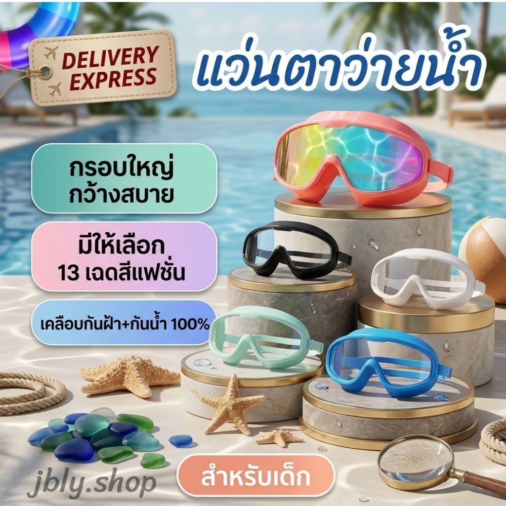 แว่นตาว่ายน้ำ สำหรับเด็ก ป้องกันแสงแดดUV กรอบแว่นใหญ่มองเห็นชัด เหมาะกับอายุ 2-15 ปี แถมฟรีกล่องแว่น