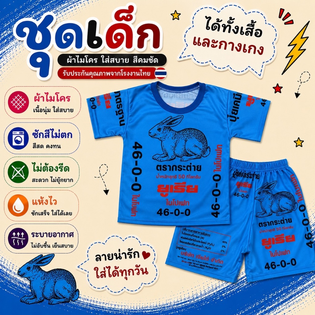 ส่งด่วน ชุดเด็กลายปุ๋ย ผ้าไมโครใส่สบาย สีคมชัด