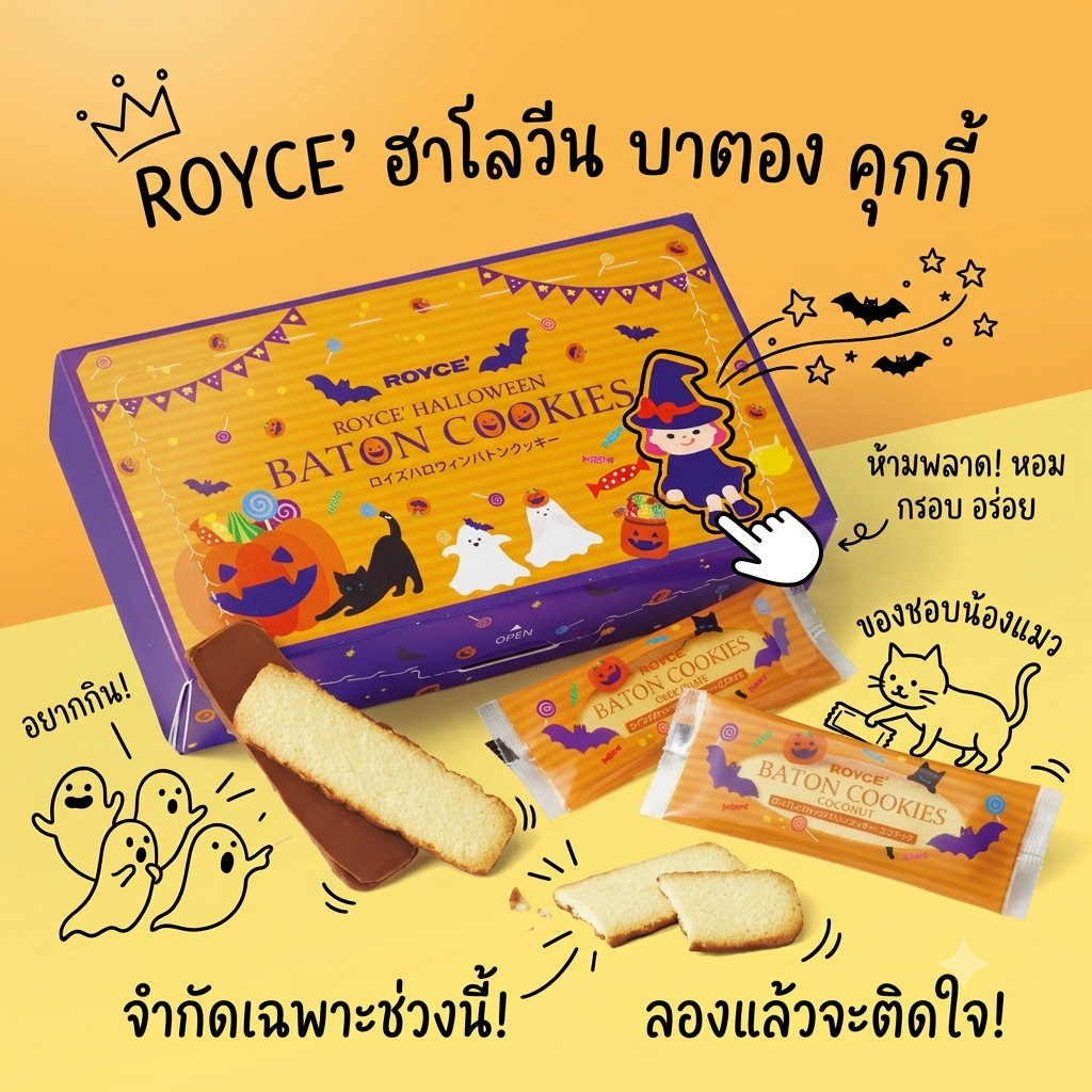พร้อมส่งในไทย ROYCE' Halloween Baton Cookies รสมะพร้าวคั่วหอมๆกล่อง 25 ชิ้น