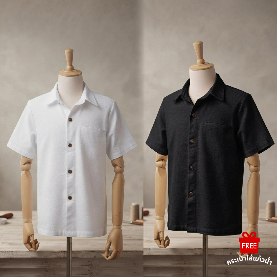 เสื้อพื้นเมืองผ้าฝ้ายผู้ชาย คอปกกระเป๋าซ่อน แขนสั้น เนื้อผ้าฝ้ายเกรดA แถมฟรีกระเป๋าใส่แก้วน้ำ!!