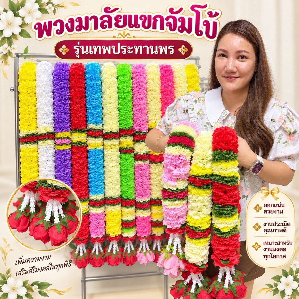 พวงมาลัยแขกจัมโบ้ พวงมาลัยดาวเรืองผ้า (รุ่นเทพประทานพร)