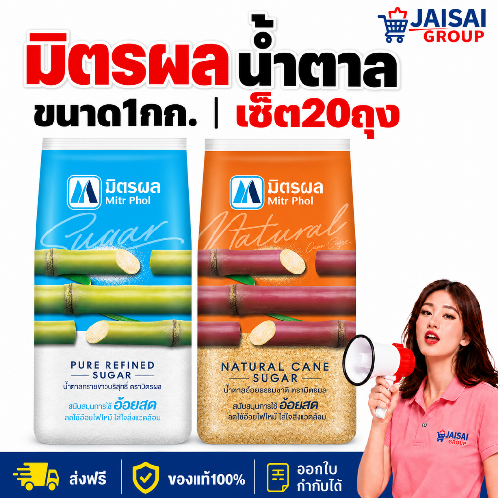 20ถุง มิตรผล น้ำตาลทราย ขนาด1กก.