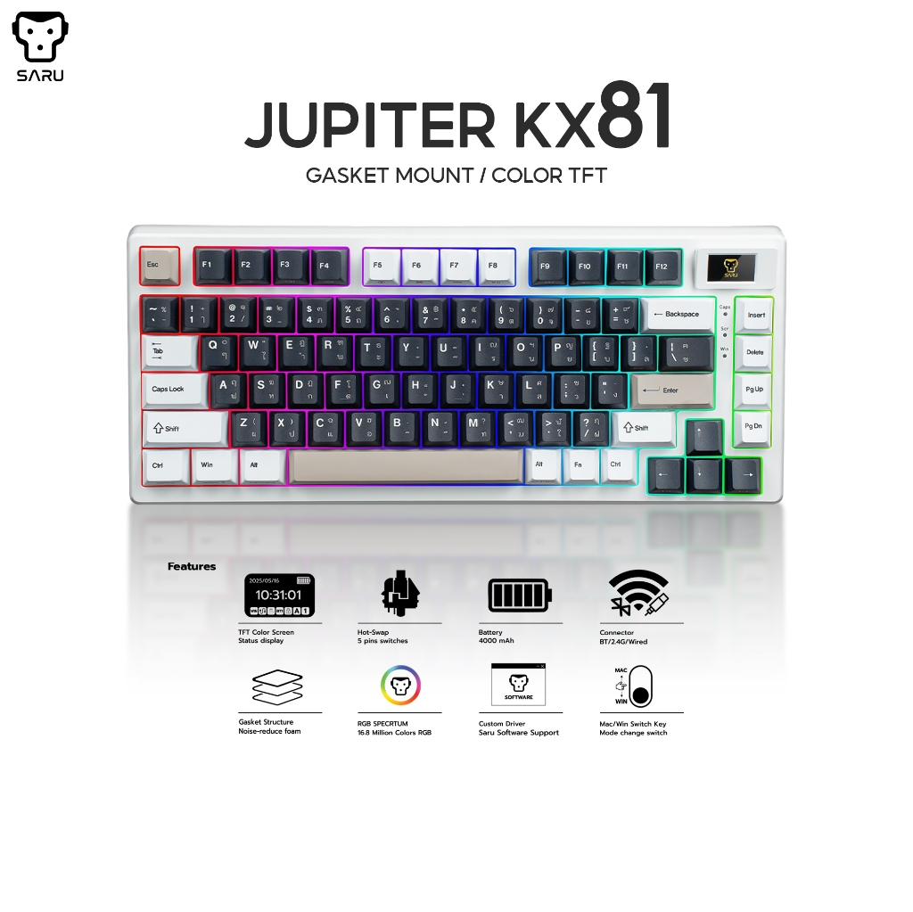[ประกัน 1 ปี] SARU คีย์บอร์ดเกมมิ่งจอ LED COLOR TFT KX-81 JUPITER NEW RETRO Keycap TH/EN Lunar Yello