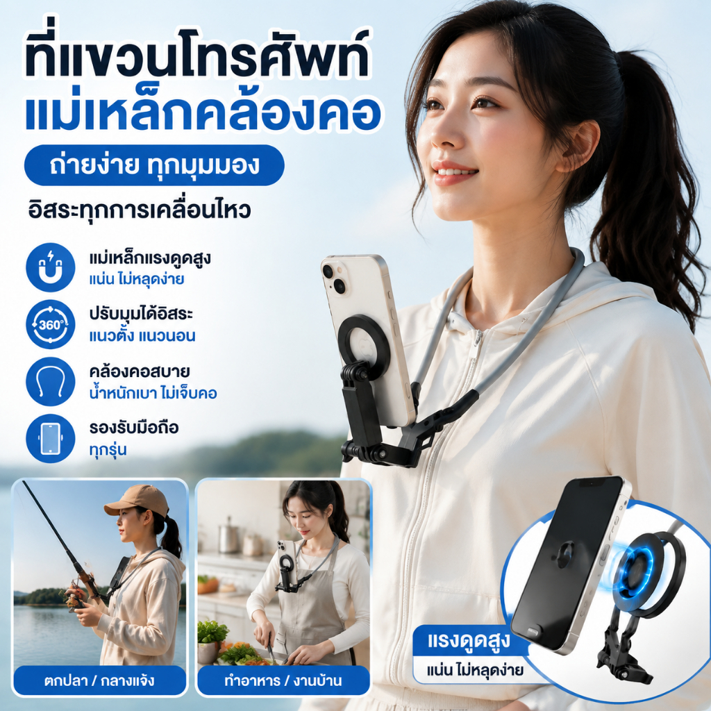 สายคล้องคอ แบบแม่เหล็ก สำหรับ มือถือ ที่วางโทรศัพท์แบบคล่องคอได้รับการออกแบบให้โค้งงอได้ง่าย ปรับมุมได้ 360° กันสั่น