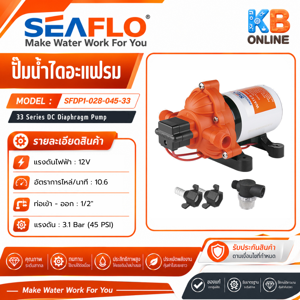 SEAFLO ปั๊มน้ำจืด DC 12V ไดอะแฟรมแรงดันสูง อัตโนมัติ 10.6LPM 3.1 Bar ซีรี่ย์ 33 SFDP1-028-045-33