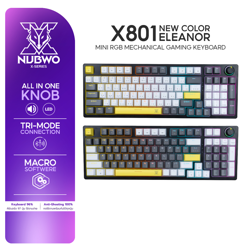 NUBWO คีย์บอร์ดเกมมิ่ง X801 Mechanical MINI RGB CIY Switch มีให้เลือก 2 สี 4 Layout รับประกัน 2 ปี