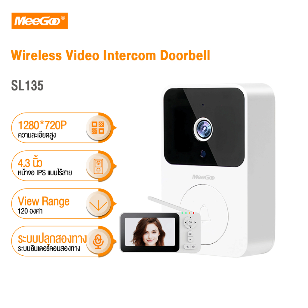 MeeGoo กริ่งไร้สาย กริ่งประตูอินเตอร์คอมวิดีโอ 4.3 นิ้ว Wireless Video Intercom Doorbell  ระบบปลุก/อินเตอร์คอมสองทาง