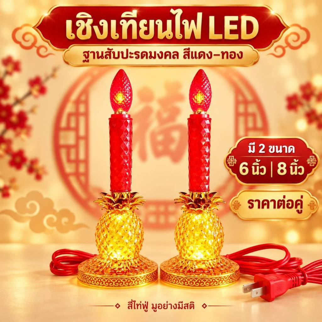เชิงเทียนไฟ LED ฐานสัปปะรดมงคล สีเหลือง–ทอง รุ่นเรียกทรัพย์ เสียบปลั๊ก มี 2 ขนาด สูง 6 นิ้ว/ 8 นิ้ว (ราคาต่อคู่)