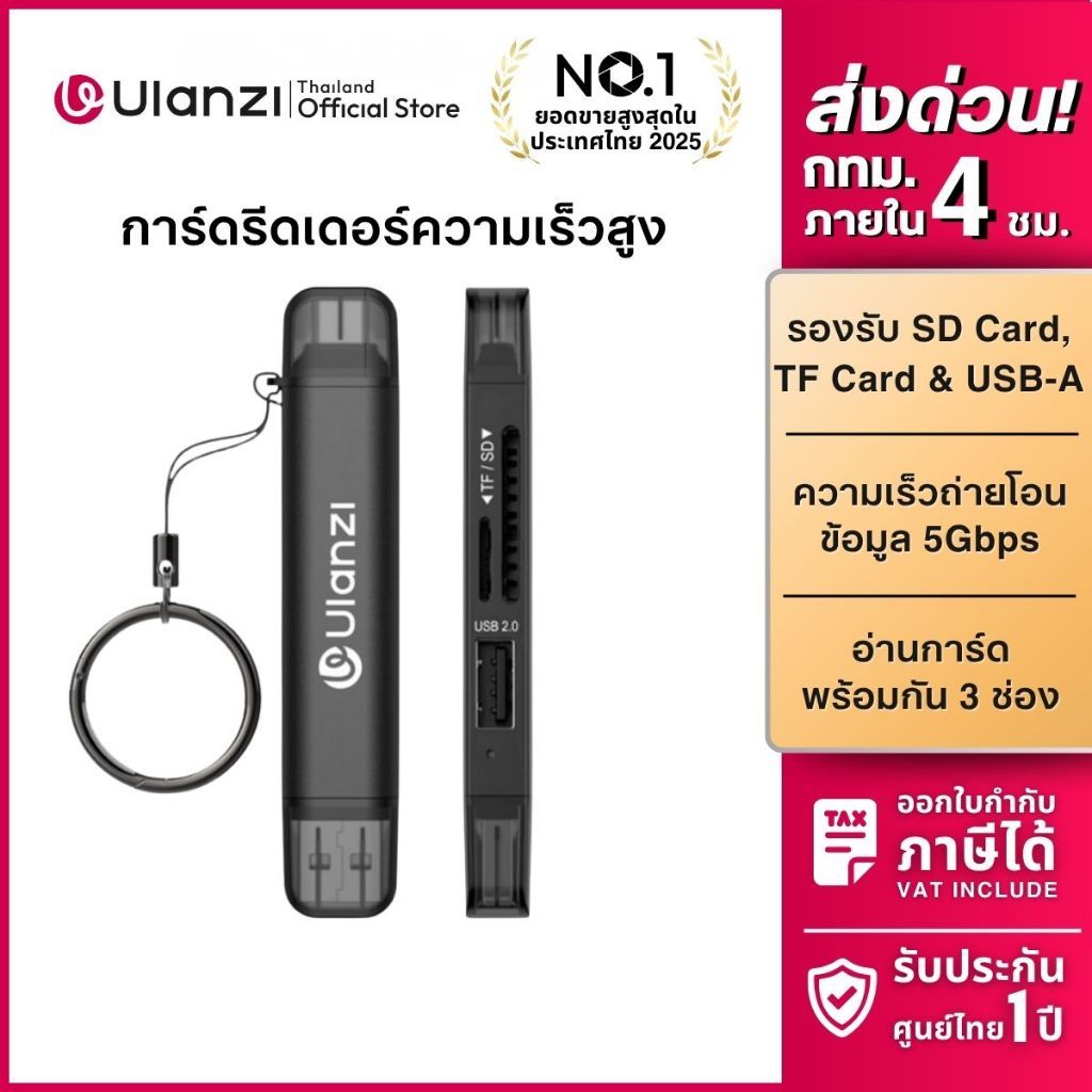 Ulanzi CR1 3in1 USB Card Reader การ์ดรีดเดอร์ ขนาดพกพา รองรับ SD/TF/USB ถ่ายโอนข้อมูลเร็ว 5Gbps