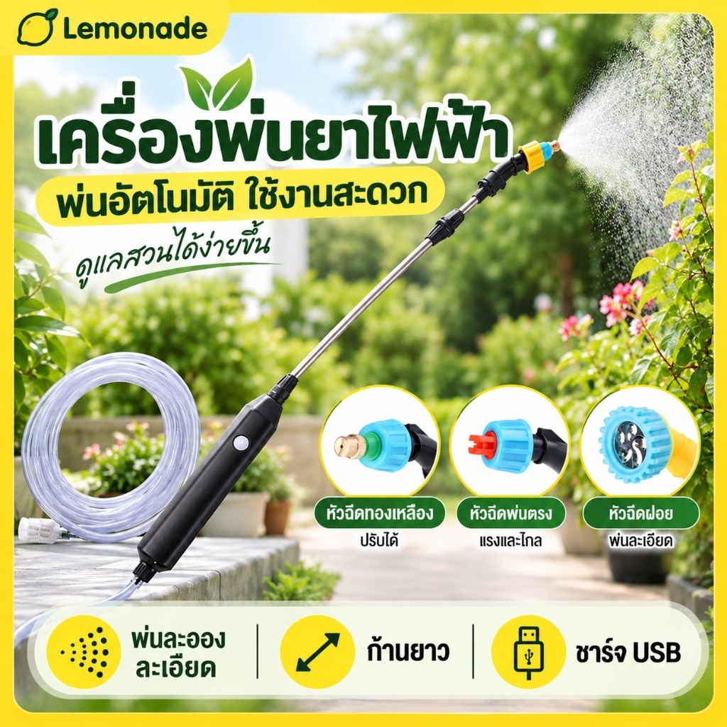💧 [เครื่องพ่นยาไฟฟ้าไร้สาย] ชาร์จ USB 2400mAh! 3 หัวฉีดปรับได้ สาย 5 ม. ใช้รดน้ำ-พ่นยา-ทำความสะอาด 【ส่งฟรี】