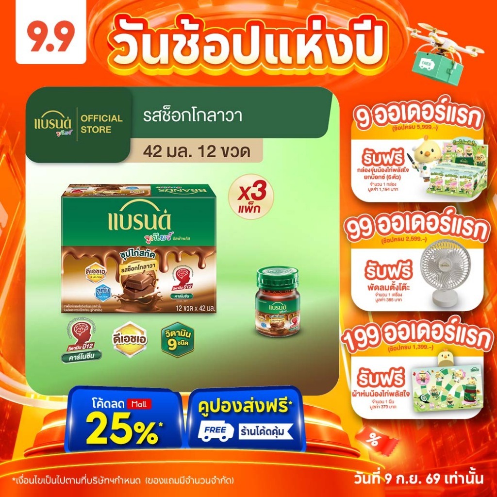 แบรนด์จูเนียร์ซุปไก่สกัด สูตร อัลฟ่าพลัส รสช็อกโกลาวา 42 มล. x 12 ขวด x 3 แพค