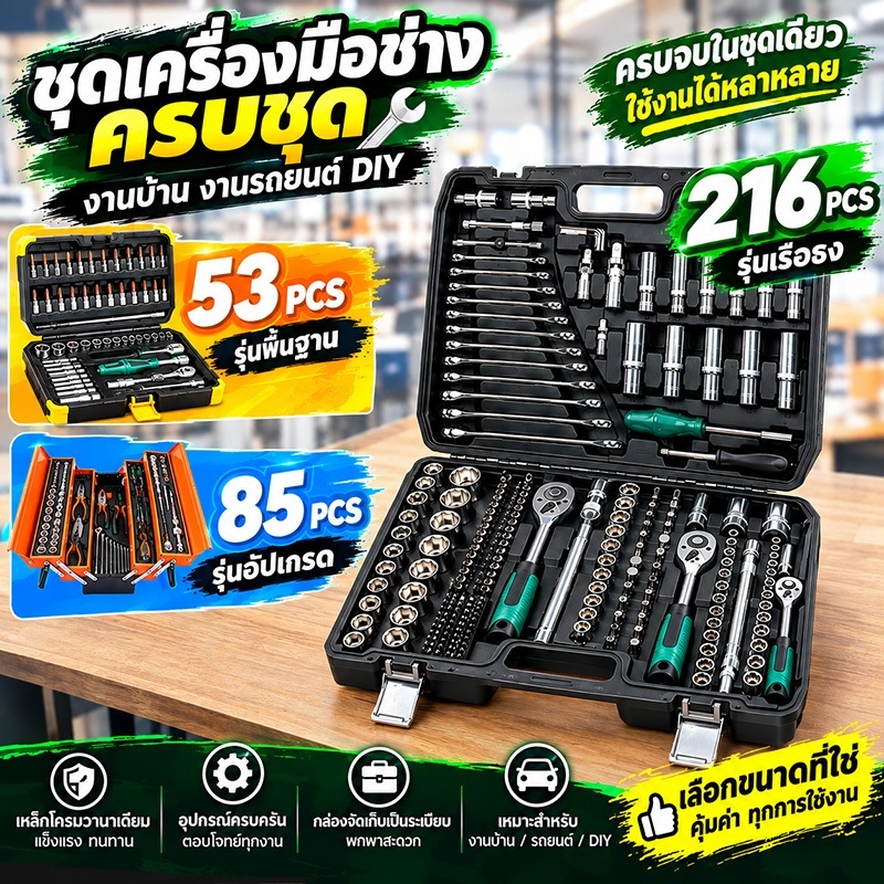 ชุดเครื่องมือช่าง 53/85/216 ชิ้น กล่องเครื่องมือครบชุด ประแจ ไขควง สำหรับงานบ้าน รถยนต์ DIY