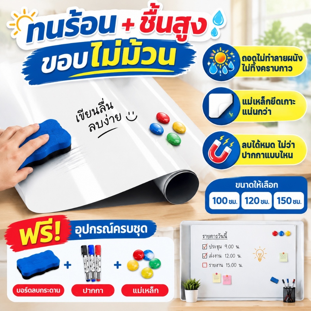 สะดวกสุดๆ! กระดานไวท์บอร์ด ไวท์บอร์ด กระดานเขียนลบได้ ไวท์บอร์ดแม่เหล็ก ไม่ทำร้ายกำแพง มีหลายขนาดให้เลือก ปากกาฟรี