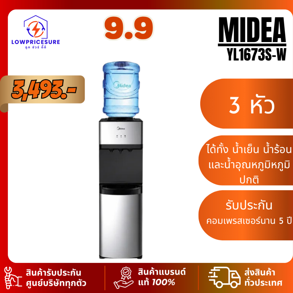 ตู้กดน้ำดื่ม Midea รุ่น YL1673S-W ( ระบบก๊อกเดียว 3 อุณหภูมิ )ตู้กดน้ำถังบน รับประกันคอมเพรสเซอร์ 5 
