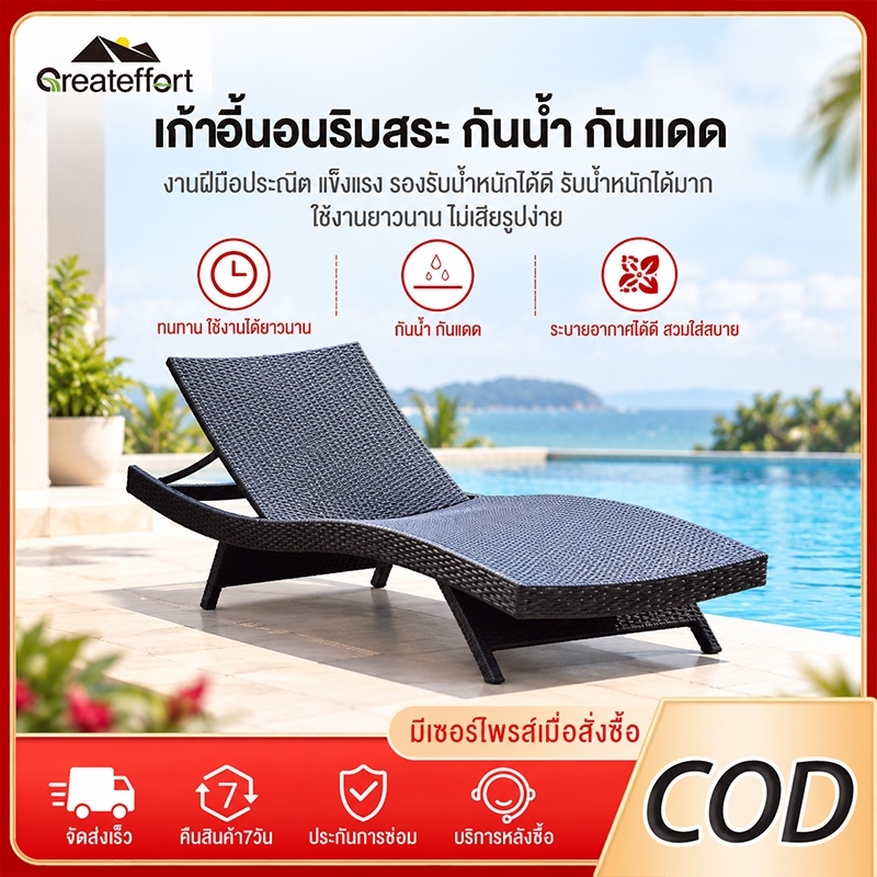 Greateffort เตียงอาบแดดกลางแจ้ง เตียงข้างสระว่ายน้ำ เก้าอี้เลานจ์ปรับเอนนอนได้ หวายเทียม กันน้ำกันแดด 200KG พับง่าย