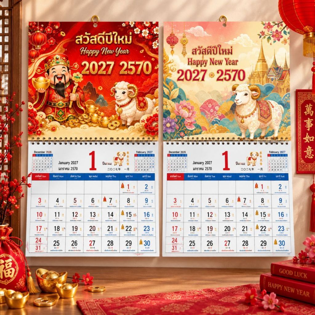ตรุษจีน! ปฎิทินปีใหม่ ปี2570/2027 ปฏิทินไทย-จีน แขวนรายเดือน ปฏิทินรายเดือน