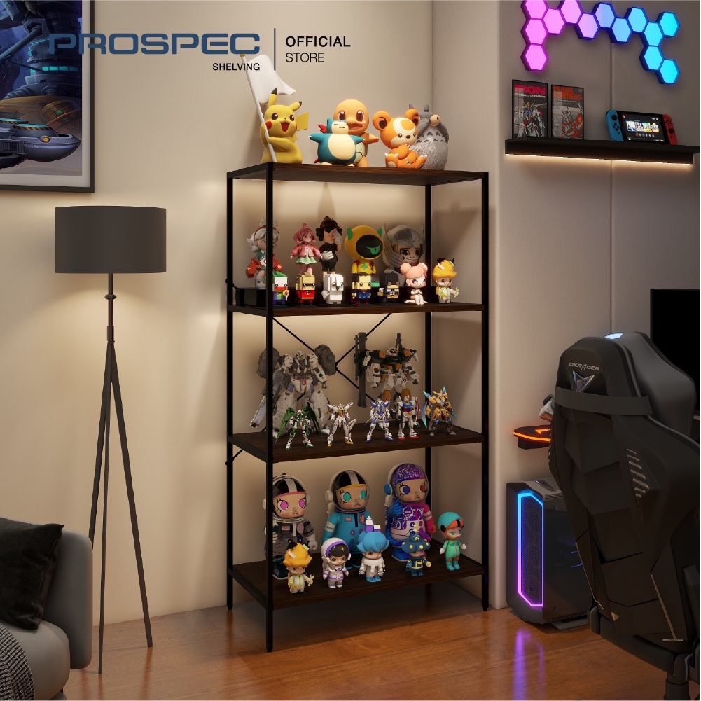 PROSPEC ชั้นวางของเหล็ก 4 ชั้น แผ่นไม้วอลนัท สไตล์ Modern Minimal,ชั้นวางของสะสมและโชว์โมเดล 4 ชั้น สไตล์โมเดิร์นลอฟท์