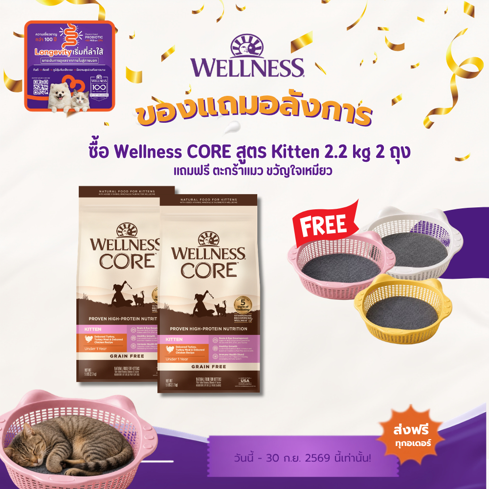 [ซื้อ2ถุง รับฟรี ตะกร้าแมวสุดฮิต! ] WELLNESS CORE สูตร Kitten สำหรับ ลูกแมว 5lb 2.2kg BBF.26/09/2027