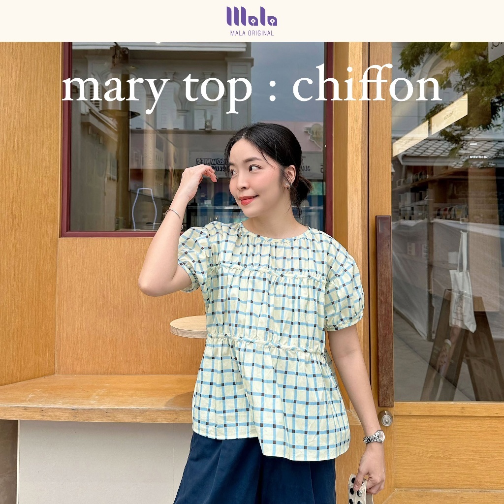 MalaOriginal |【Pre-Order จัดส่ง 15 ต.ค.】Mary Top : Chiffon 🧁เสื้อระบายแขนพอง ลายตารางสไตล์เกาหลี โทนพาสเทล สวมใส่สบาย