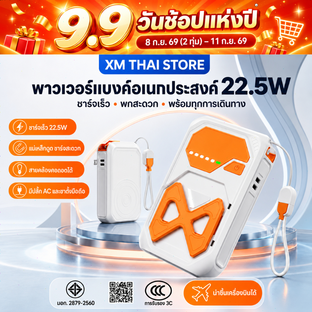 CCC Powerbank พาวเวอร์แบงค์แม่เหล็ก 20000mAh ติดเครื่องบินได้ ชาร์จเร็ว 22.5W PD20W สายถอดได้ พาวเวอร์แบงค์เสียบตรง