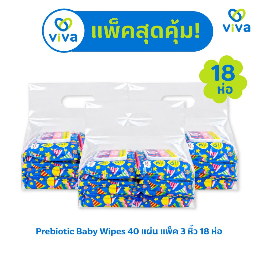 ViVa x Happy Sunday วีว่าทิชชู่เปียก Prebiotic Baby Wipes 40 แผ่น [แพ็ค 18 ห่อ]