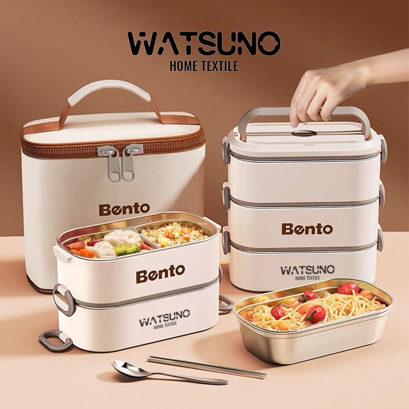 Watsuno.กล่องข้าวเก็บความเย็นหลายชั้น พร้อมถุงและช้อนส้อม พกพาสะดวก สำหรับนักเรียน ออฟฟิศ