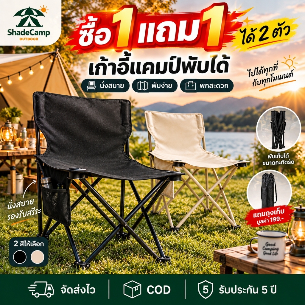 เก้าอี้แคมป์ปิ้ง เก้าอี้พับได้ ปิกนิก สนาม โครงเหล็ก รับน้ำหนัก150กก พกพาง่าย พับเก็บได้เล็ก มีช่องใส่ของ แถมกระเป๋าจัดเ