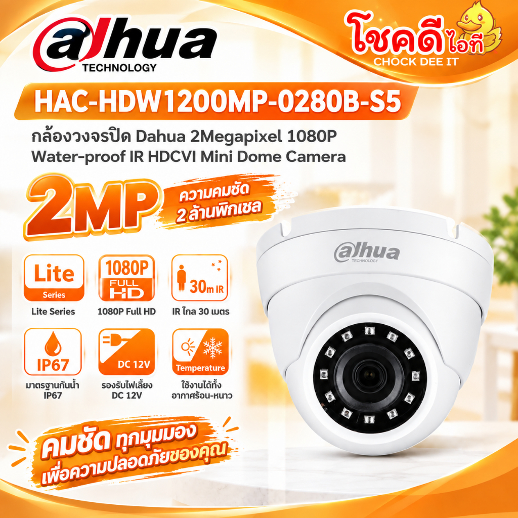 DAHUA HAC-HDW1200MP(2.8MM)S5 กล้องวงจรปิด Dahua 2Mp 1080P Water-proof IR HDCVI Mini Dome Camera ประก