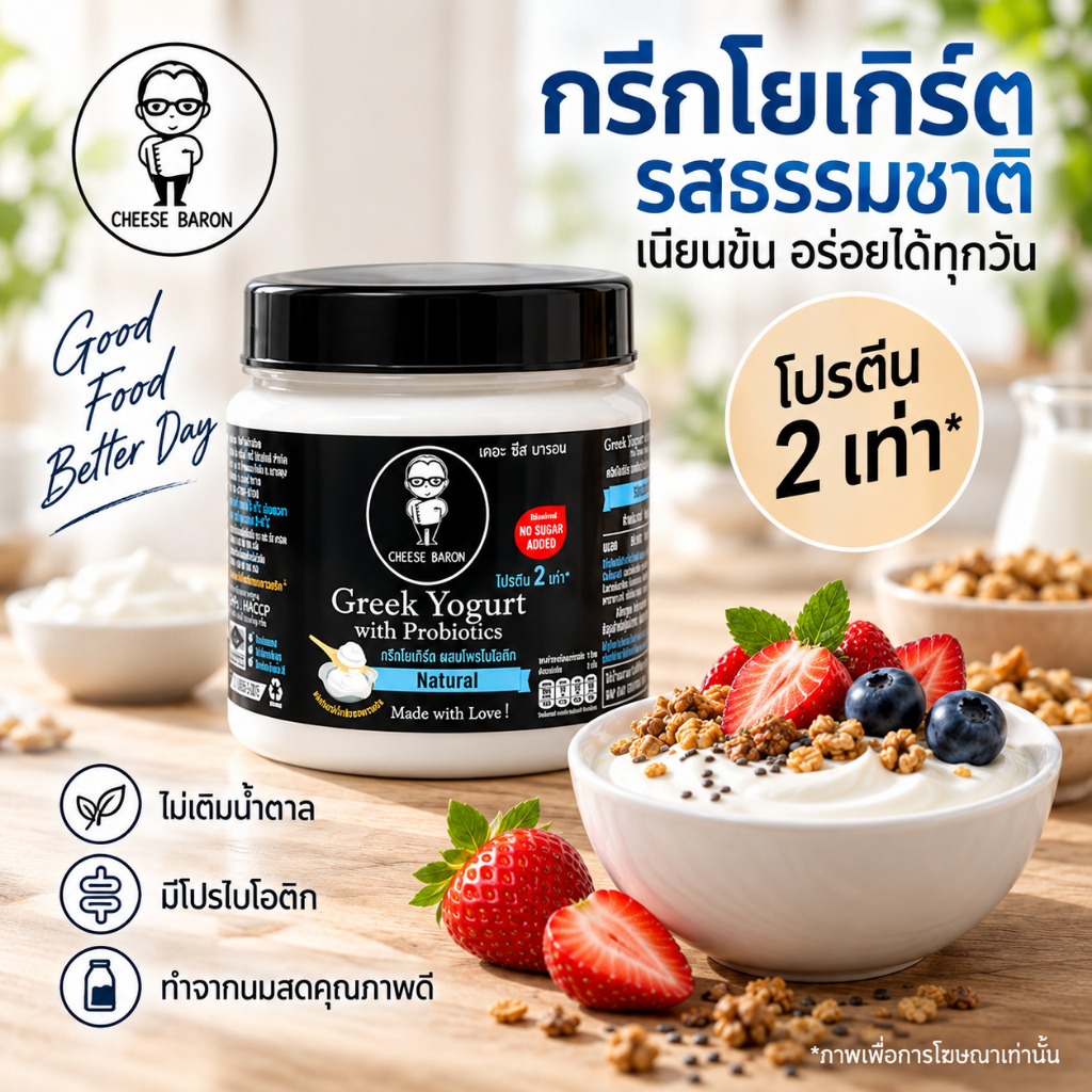 The Cheese Baron Greek Yoghurt Natural 500 กรัม กรีกโยเกิร์ตรสธรรมชาติ โยเกิร์ตกรีกแท้ ฮาลาล