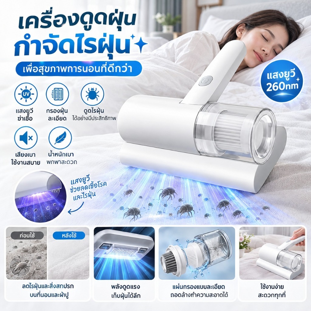 เครื่องดูดไรฝุ่น UV 260nm สำหรับที่นอนและหมอน เครื่องกำจัดไรฝุ่น ดูดฝุ่นละเอียด แรงดูดดี ใช้งานง่าย สำหรับที่นอน โซฟา พร