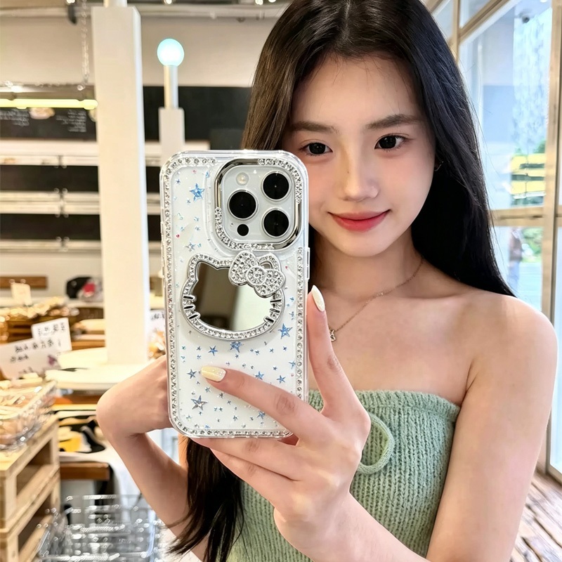 รองรับ IPhone 17 13 15 16 14 11 12 Pro Max 15 16 14 Plus เคสโทรศัพท์ขอบประดับเพชร กระจก ลายโบว์และดาวประกาย