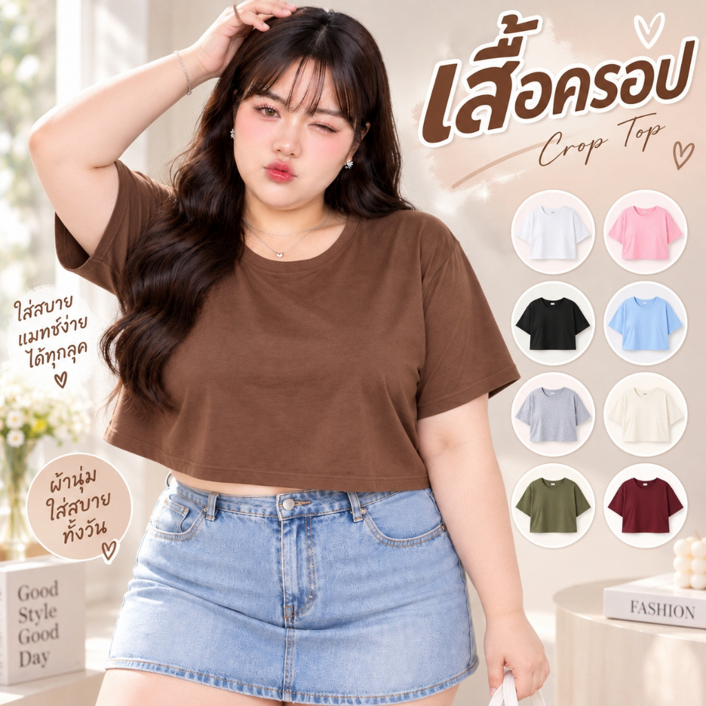 เสื้อยืดสาวอวบ สีพื้น เสื้อครอป คอกลม แขนสั้น 6XL อกหน้าผ้า 50 นิ้ว ผ้าคอตตอนผสม 6000#