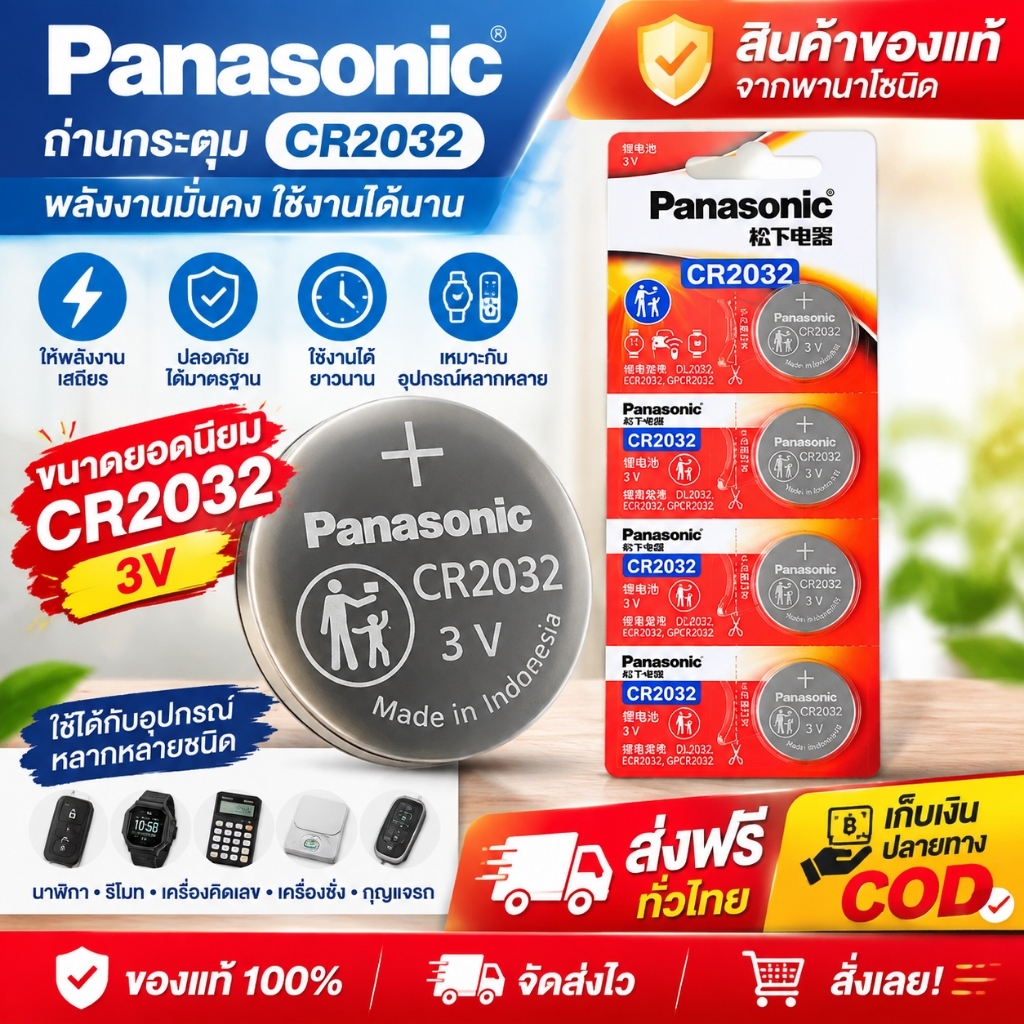ถ่านกระดุม CR2032 ถ่านกระดุม Panasonic ถ่านกระดุมอเนกประสงค์ ถ่านกระดุม CR2032 ของแท้ เหมาะสำหรับรีโ