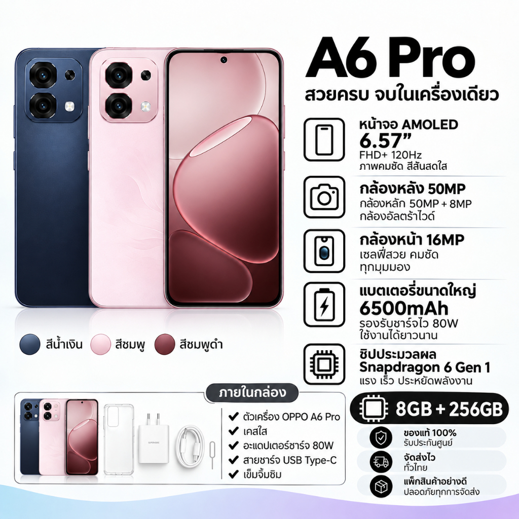 OPPO A6 Pro 5G 8GB+256GB | แบตเตอรี่ 6500mAh | หน้าจอ 6.57” AMOLED 120Hz