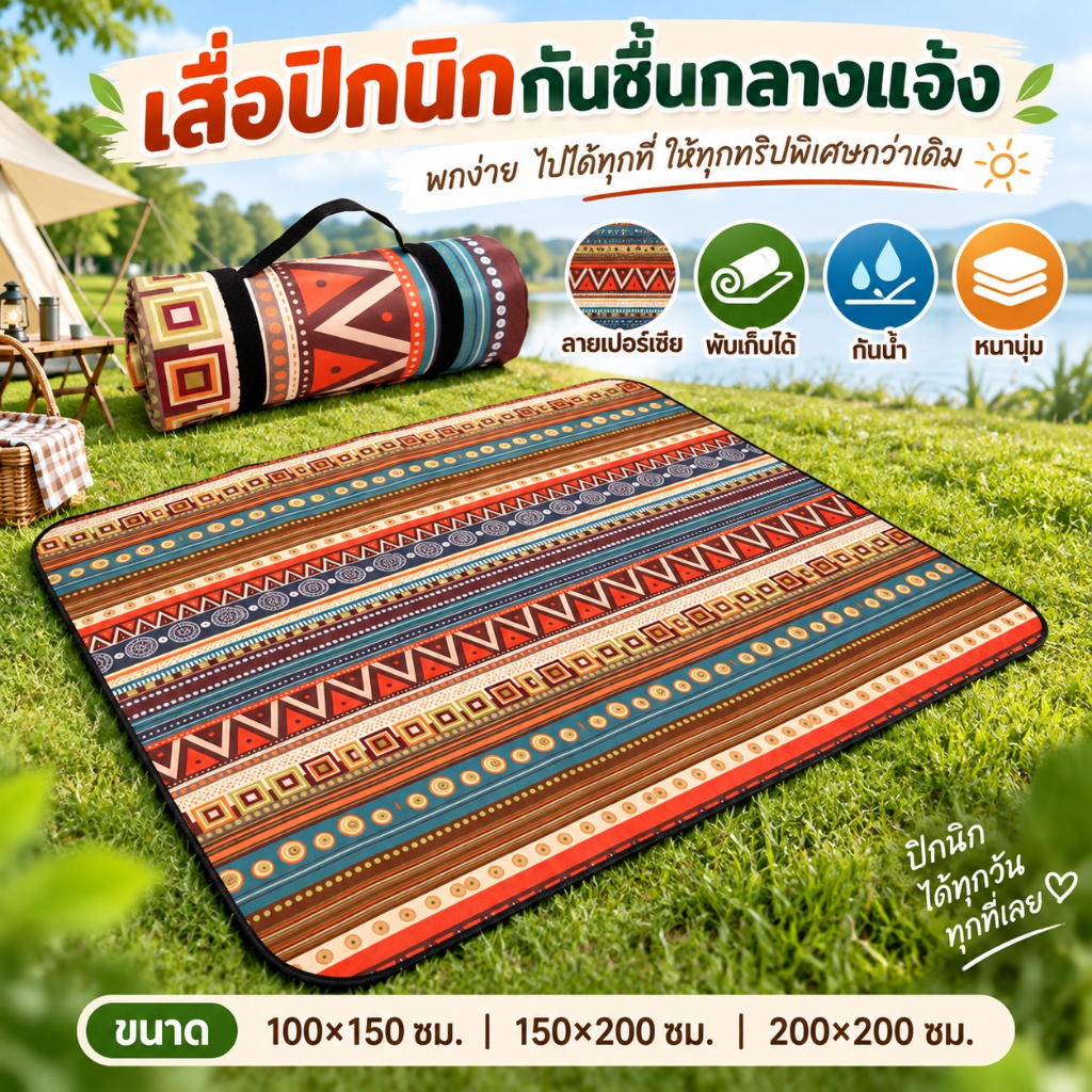 เสื่อปิกนิก เสื่อปิคนิค200*200cmสไตล์เปอร์เซีย พับได้ กันน้ํา แบบหนา สำหรับปูพื้นกลางแจ้งและพักผ่อนในสวน สําหรับตั้งแคมป