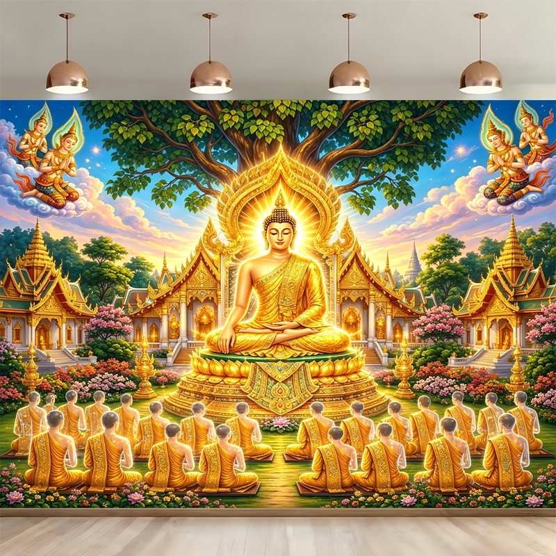 ผ้าฉากหลัง ลายสวยๆ ภาพพระพุทธเจ้า สกรีนคมชัดด้วยผ้าโพลีเอสเตอร์ ผ้านุ่ม สีชัด ทนทาน ตกแต่งผนังสวยๆ