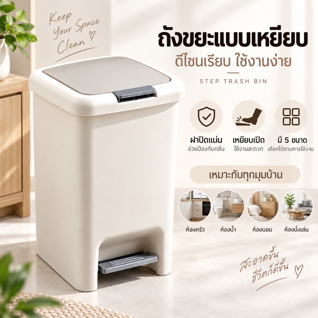 ถังขยะมินิมอลดีไซน์เรียบหรู ถังขยะบ้านและสำนักงาน เปิดได้ทั้งมือและเท้า